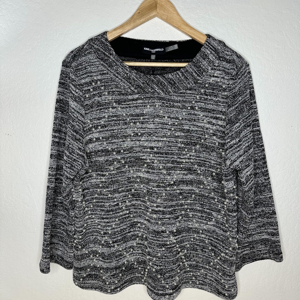 Karl Lagerfeld Top - Black and White Knit with Pearls - Large L NWT